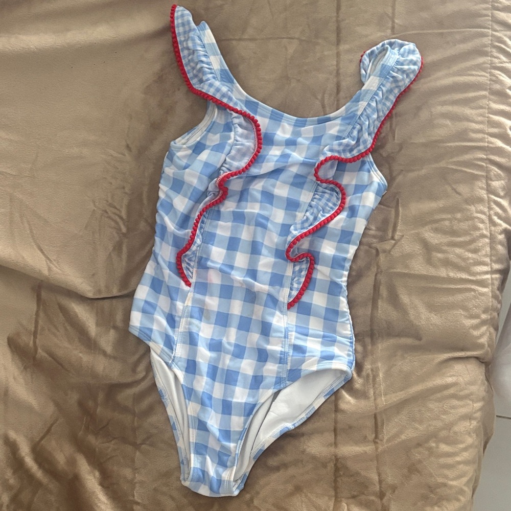 Cat & Jack Blue Gingham Ruffle One-Piece Swimsuit with Red Trim